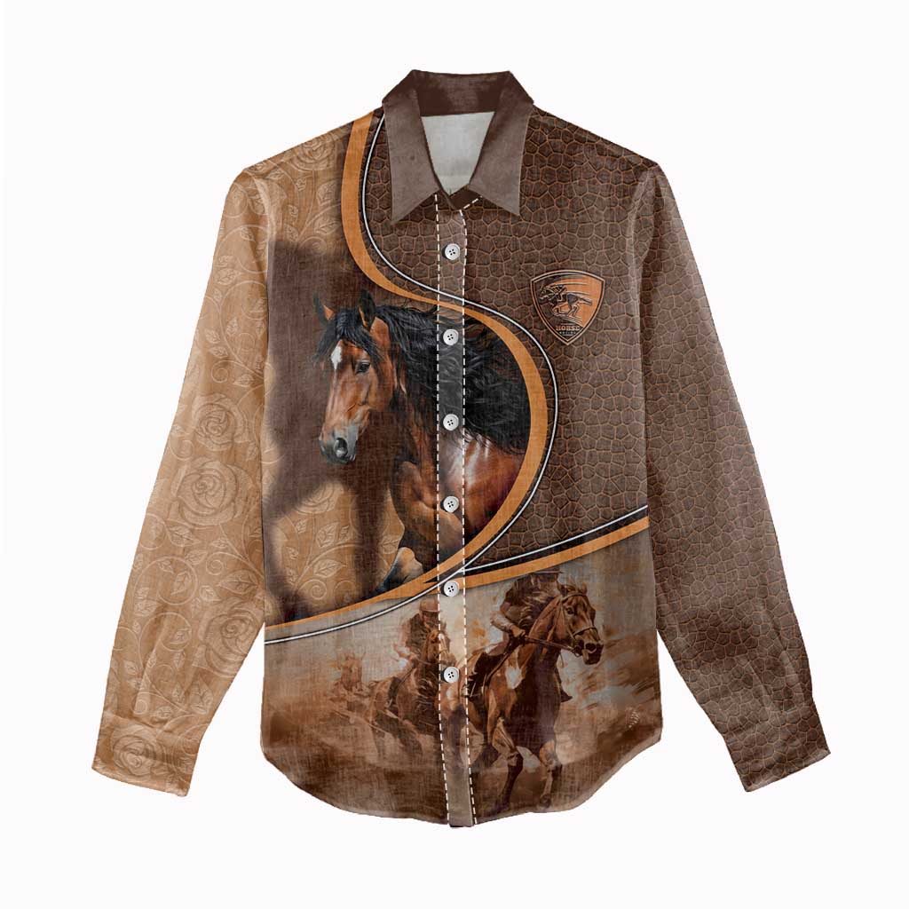 Personalized Horse Racing Women Casual Shirt Royal Race Leather Effect