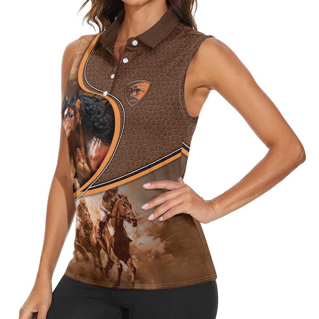 Personalized Horse Racing Women Sleeveless Polo Shirt Royal Race Leather Effect