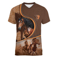Personalized Horse Racing Women V-Neck T-Shirt Royal Race Leather Effect