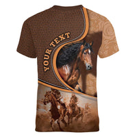 Personalized Horse Racing Women V-Neck T-Shirt Royal Race Leather Effect