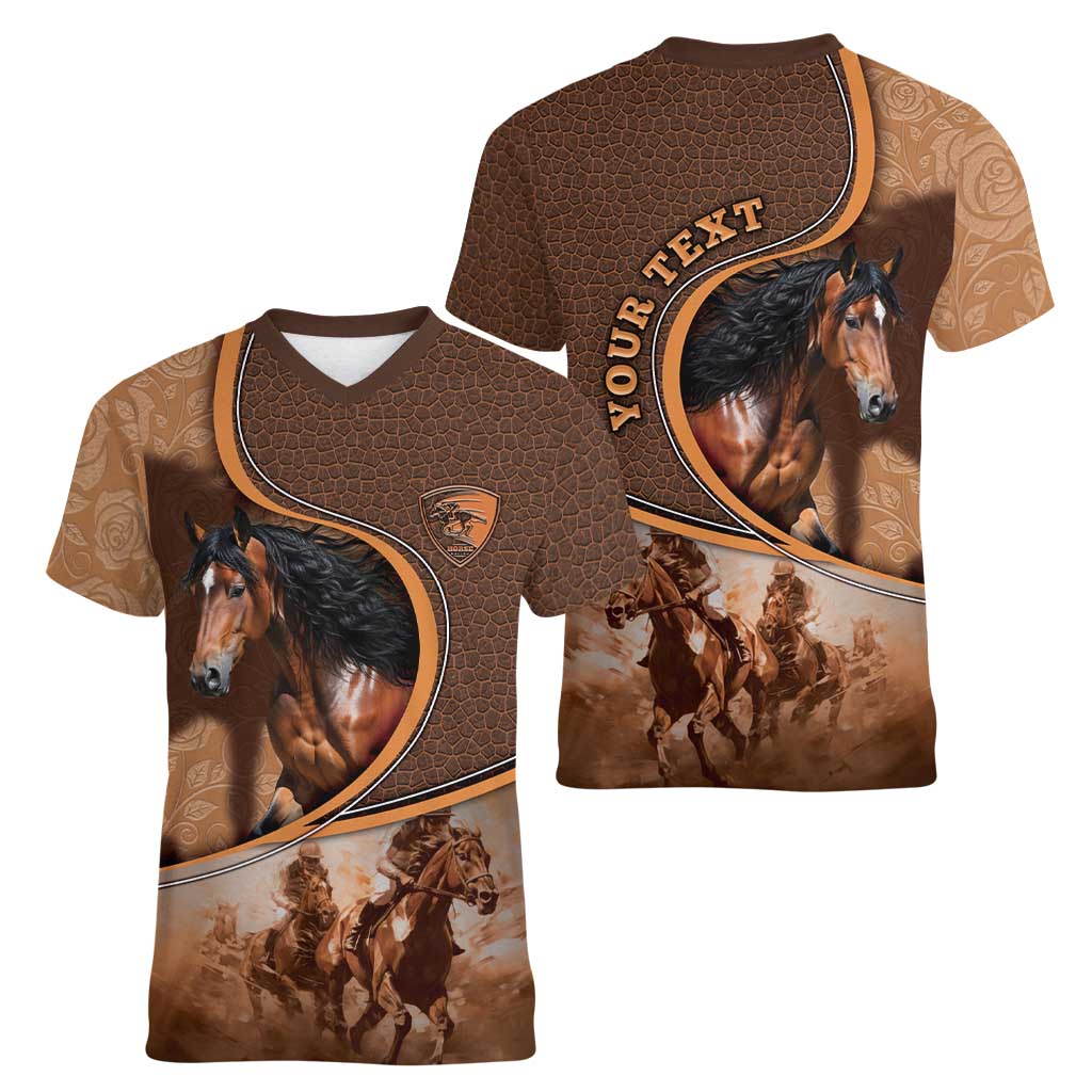 Personalized Horse Racing Women V-Neck T-Shirt Royal Race Leather Effect