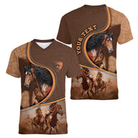 Personalized Horse Racing Women V-Neck T-Shirt Royal Race Leather Effect