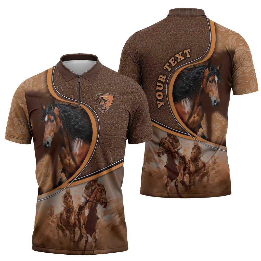 Personalized Horse Racing Zipper Polo Shirt Royal Race Leather Effect