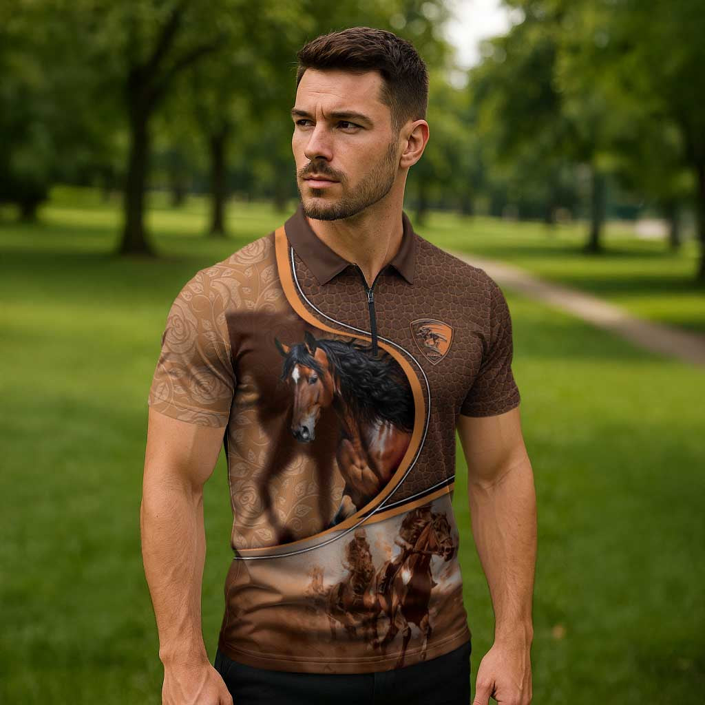 Personalized Horse Racing Zipper Polo Shirt Royal Race Leather Effect
