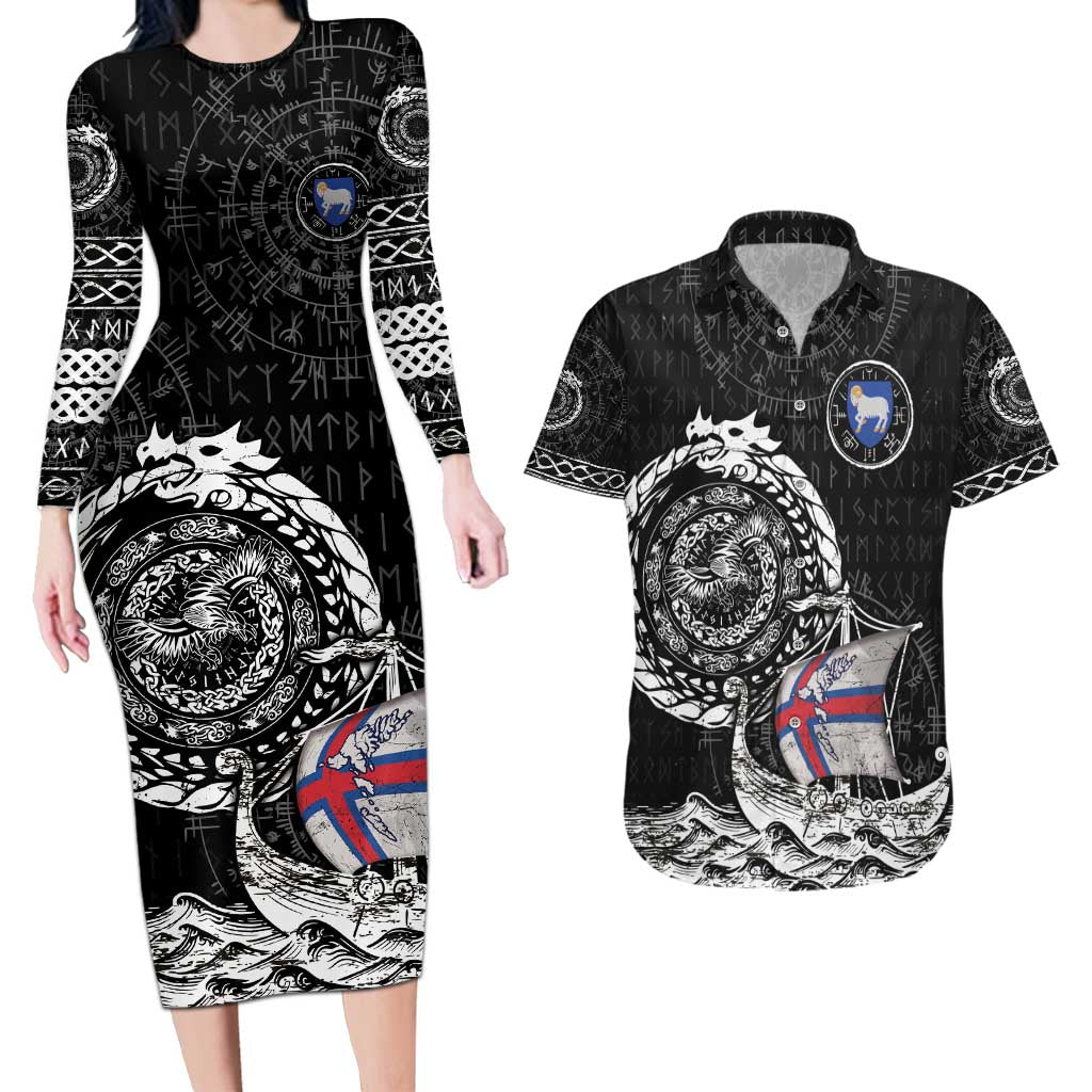 Personalized Viking Faroe Islands Couples Matching Long Sleeve Bodycon Dress and Hawaiian Shirt Faroese Viking Ship