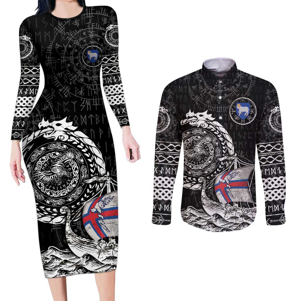 Personalized Viking Faroe Islands Couples Matching Long Sleeve Bodycon Dress and Long Sleeve Button Shirt Faroese Viking Ship