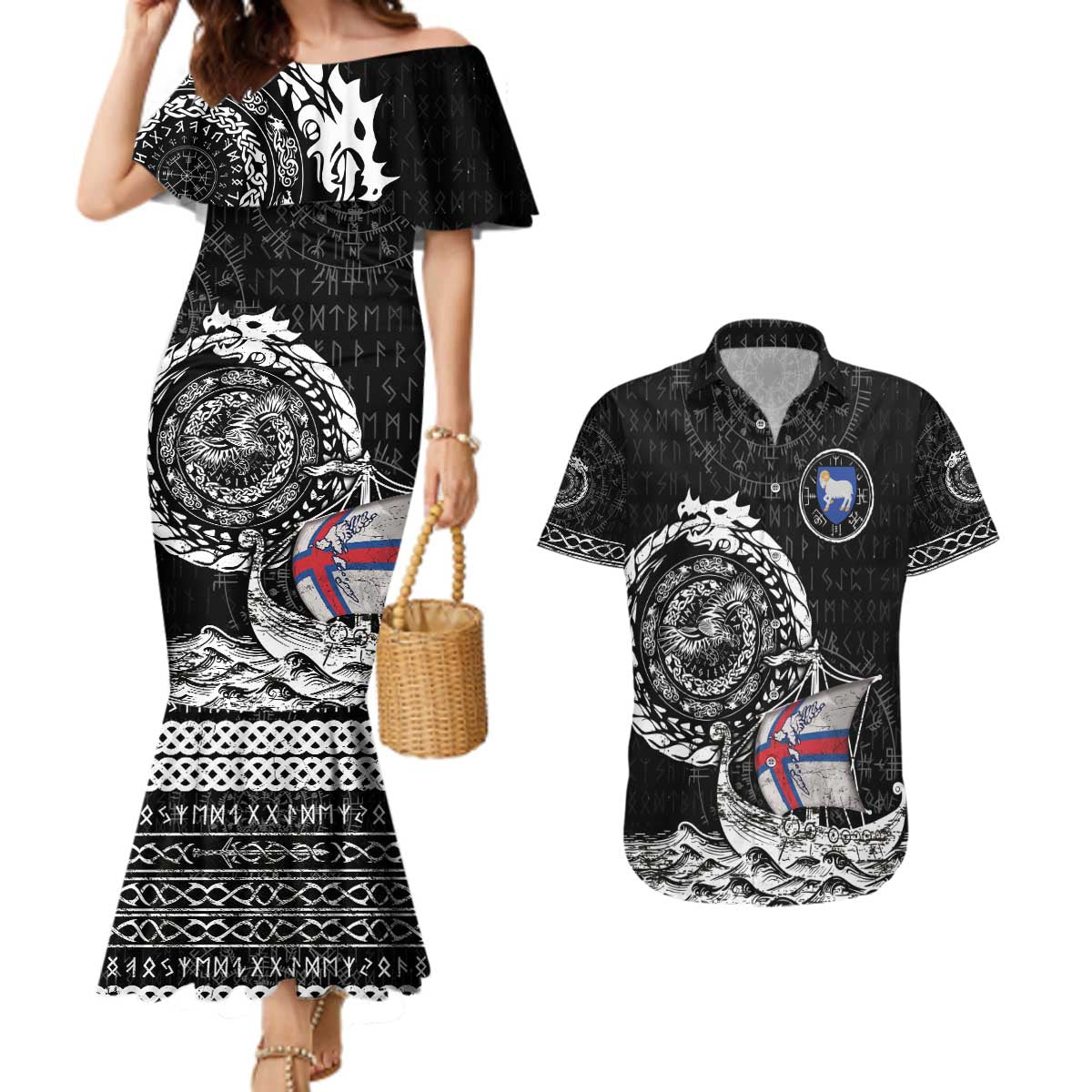 Personalized Viking Faroe Islands Couples Matching Mermaid Dress and Hawaiian Shirt Faroese Viking Ship