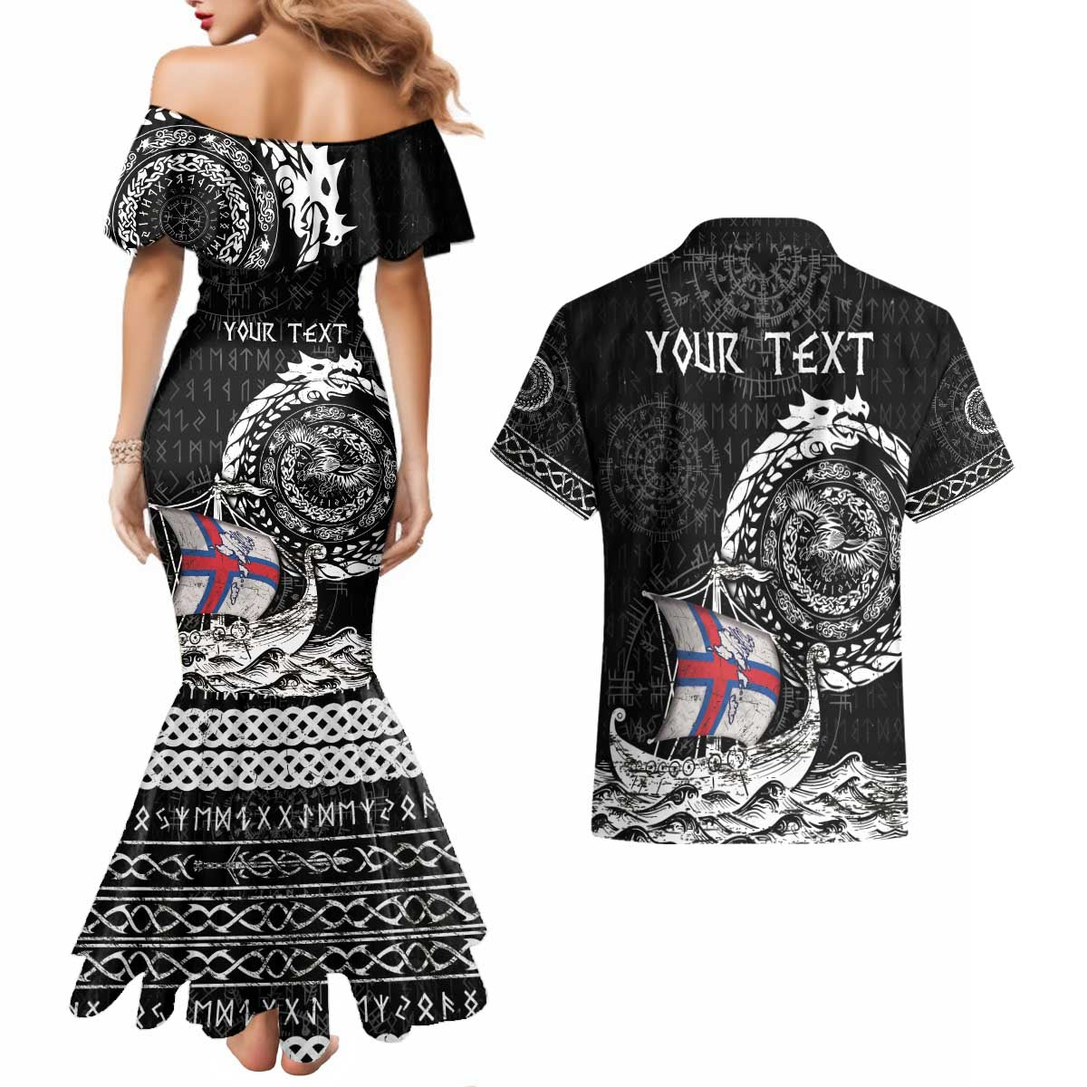 Personalized Viking Faroe Islands Couples Matching Mermaid Dress and Hawaiian Shirt Faroese Viking Ship