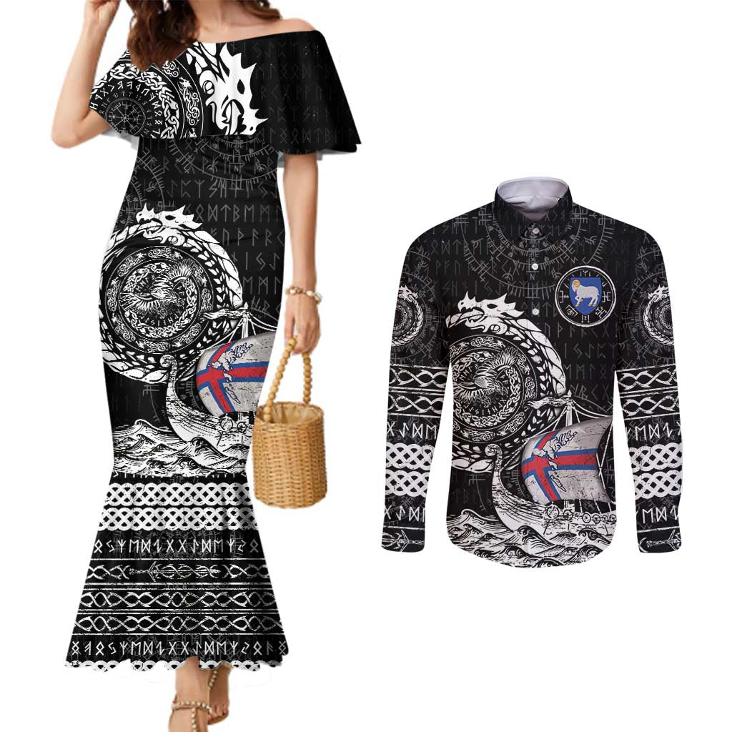 Personalized Viking Faroe Islands Couples Matching Mermaid Dress and Long Sleeve Button Shirt Faroese Viking Ship