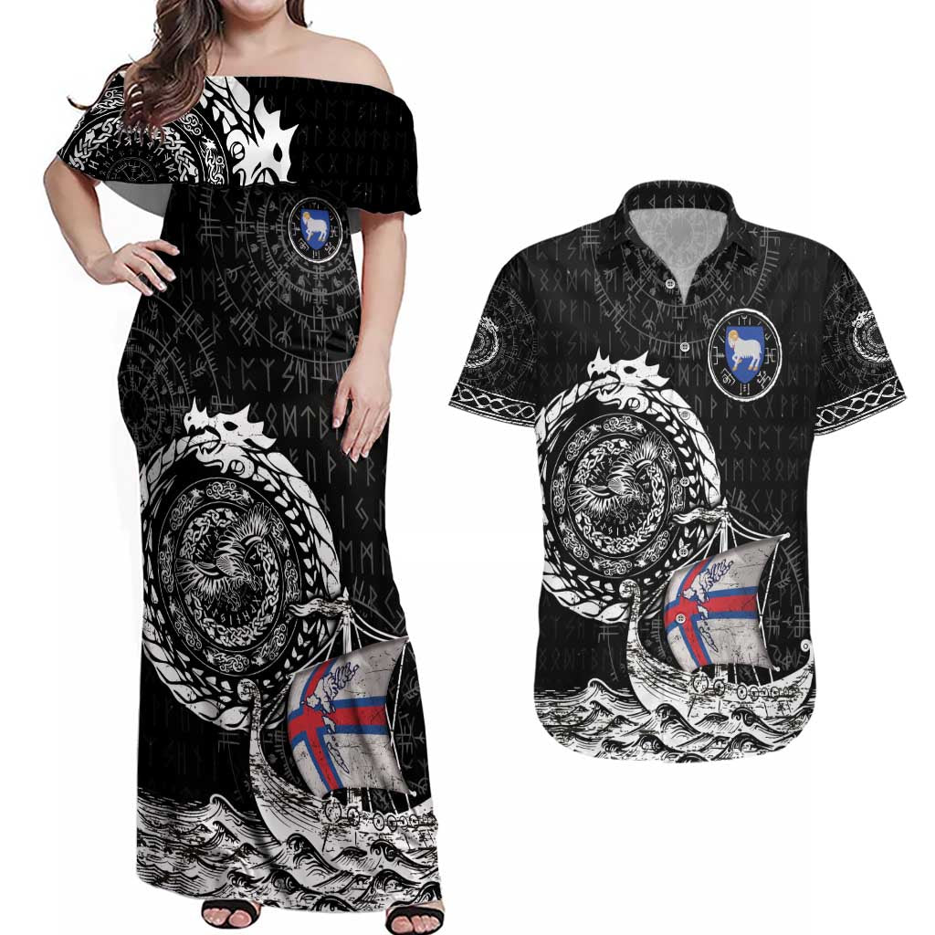 Personalized Viking Faroe Islands Couples Matching Off Shoulder Maxi Dress and Hawaiian Shirt Faroese Viking Ship
