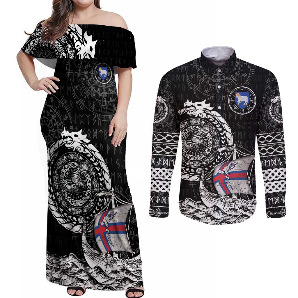 Personalized Viking Faroe Islands Couples Matching Off Shoulder Maxi Dress and Long Sleeve Button Shirt Faroese Viking Ship