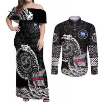 Personalized Viking Faroe Islands Couples Matching Off Shoulder Maxi Dress and Long Sleeve Button Shirt Faroese Viking Ship