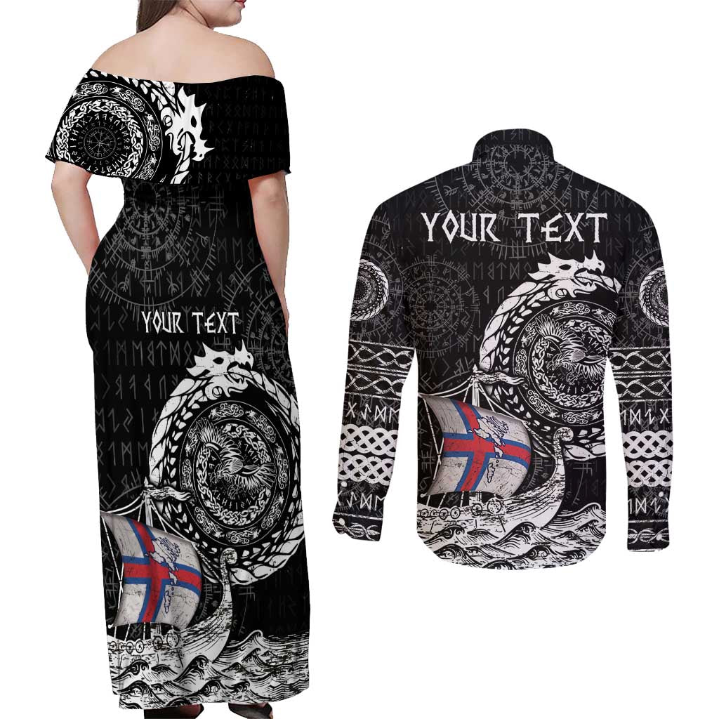 Personalized Viking Faroe Islands Couples Matching Off Shoulder Maxi Dress and Long Sleeve Button Shirt Faroese Viking Ship