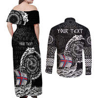 Personalized Viking Faroe Islands Couples Matching Off Shoulder Maxi Dress and Long Sleeve Button Shirt Faroese Viking Ship