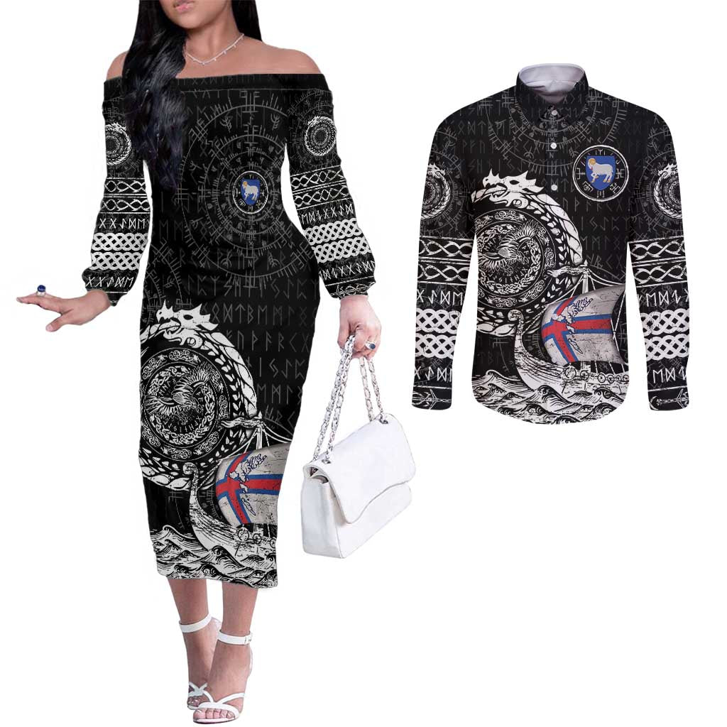 Personalized Viking Faroe Islands Couples Matching Off The Shoulder Long Sleeve Dress and Long Sleeve Button Shirt Faroese Viking Ship