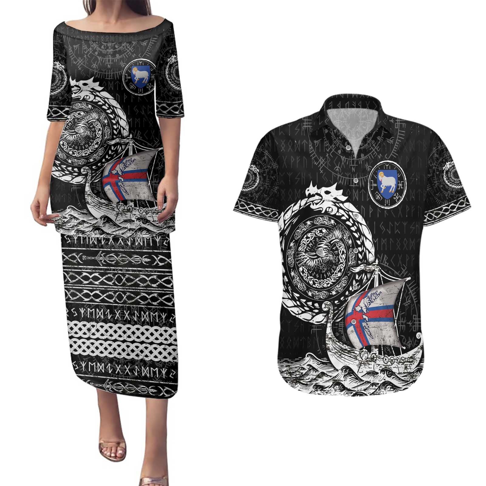Personalized Viking Faroe Islands Couples Matching Puletasi and Hawaiian Shirt Faroese Viking Ship