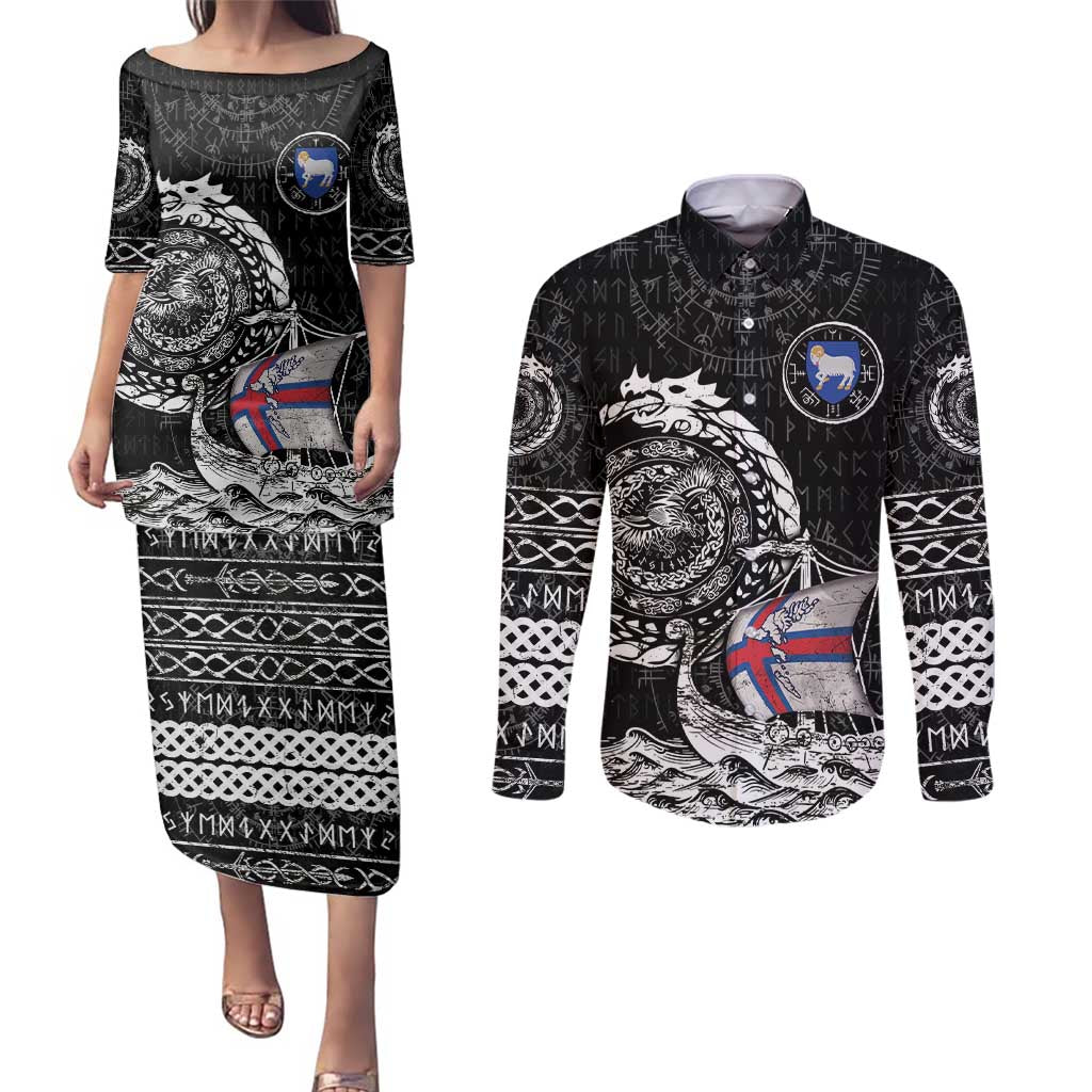 Personalized Viking Faroe Islands Couples Matching Puletasi and Long Sleeve Button Shirt Faroese Viking Ship