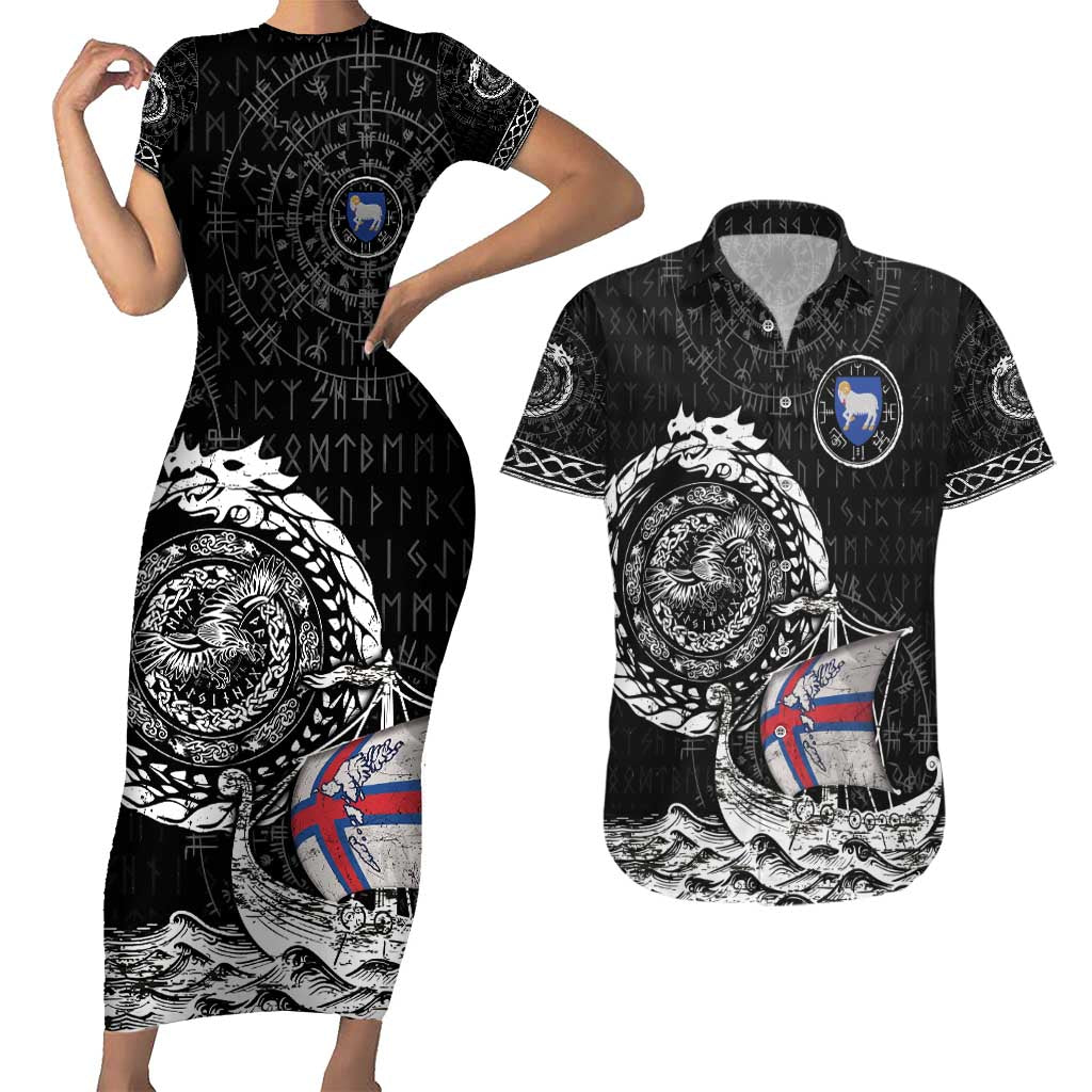 Personalized Viking Faroe Islands Couples Matching Short Sleeve Bodycon Dress and Hawaiian Shirt Faroese Viking Ship