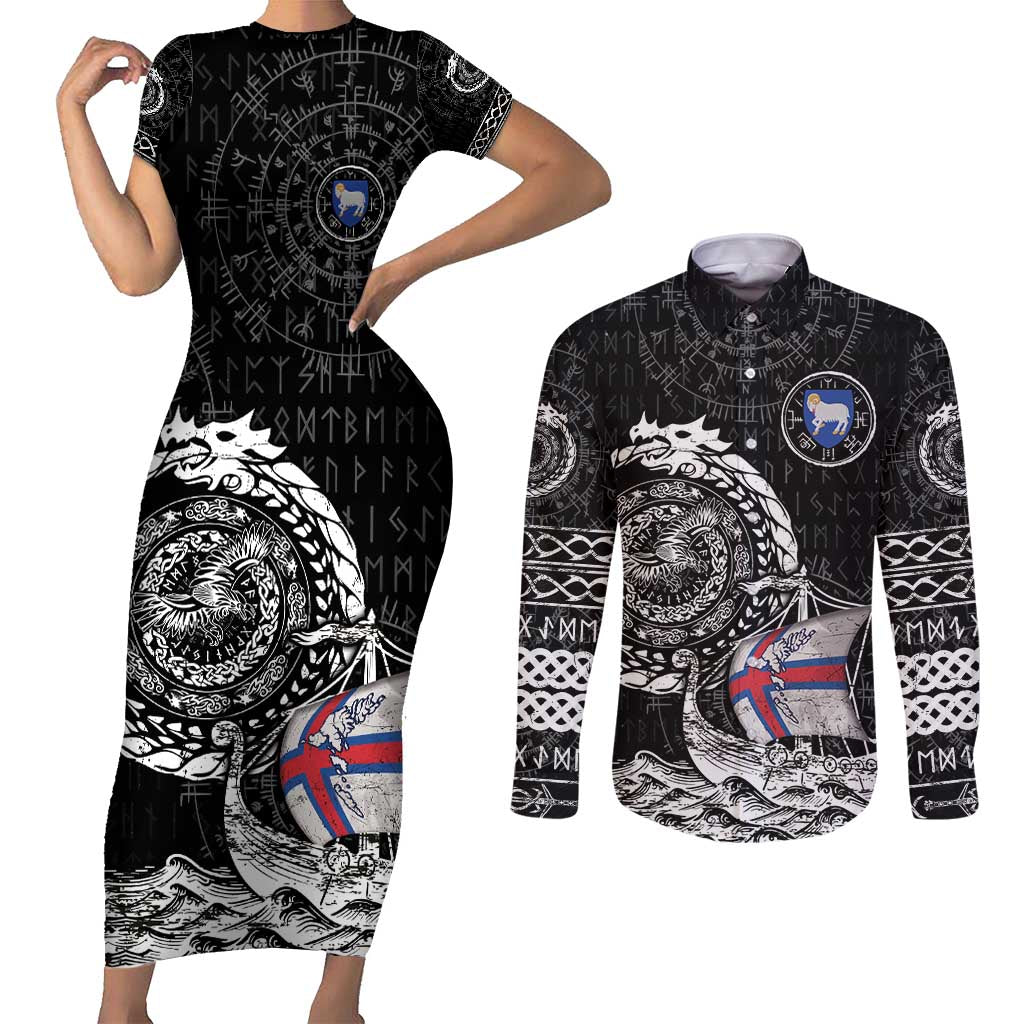 Personalized Viking Faroe Islands Couples Matching Short Sleeve Bodycon Dress and Long Sleeve Button Shirt Faroese Viking Ship