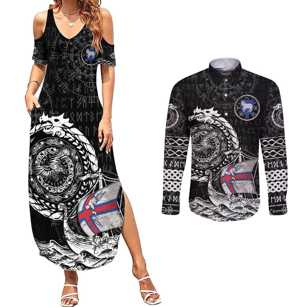 Personalized Viking Faroe Islands Couples Matching Summer Maxi Dress and Long Sleeve Button Shirt Faroese Viking Ship