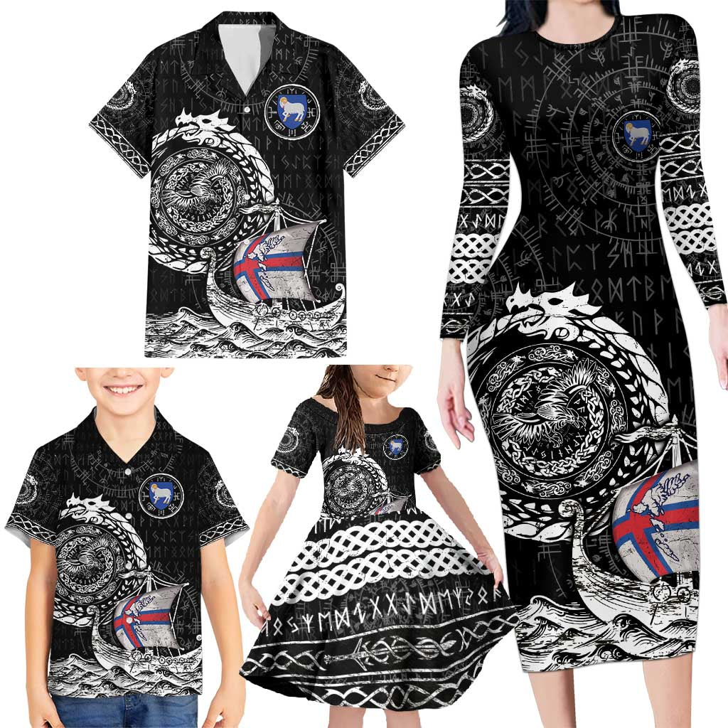 Personalized Viking Faroe Islands Family Matching Long Sleeve Bodycon Dress and Hawaiian Shirt Faroese Viking Ship