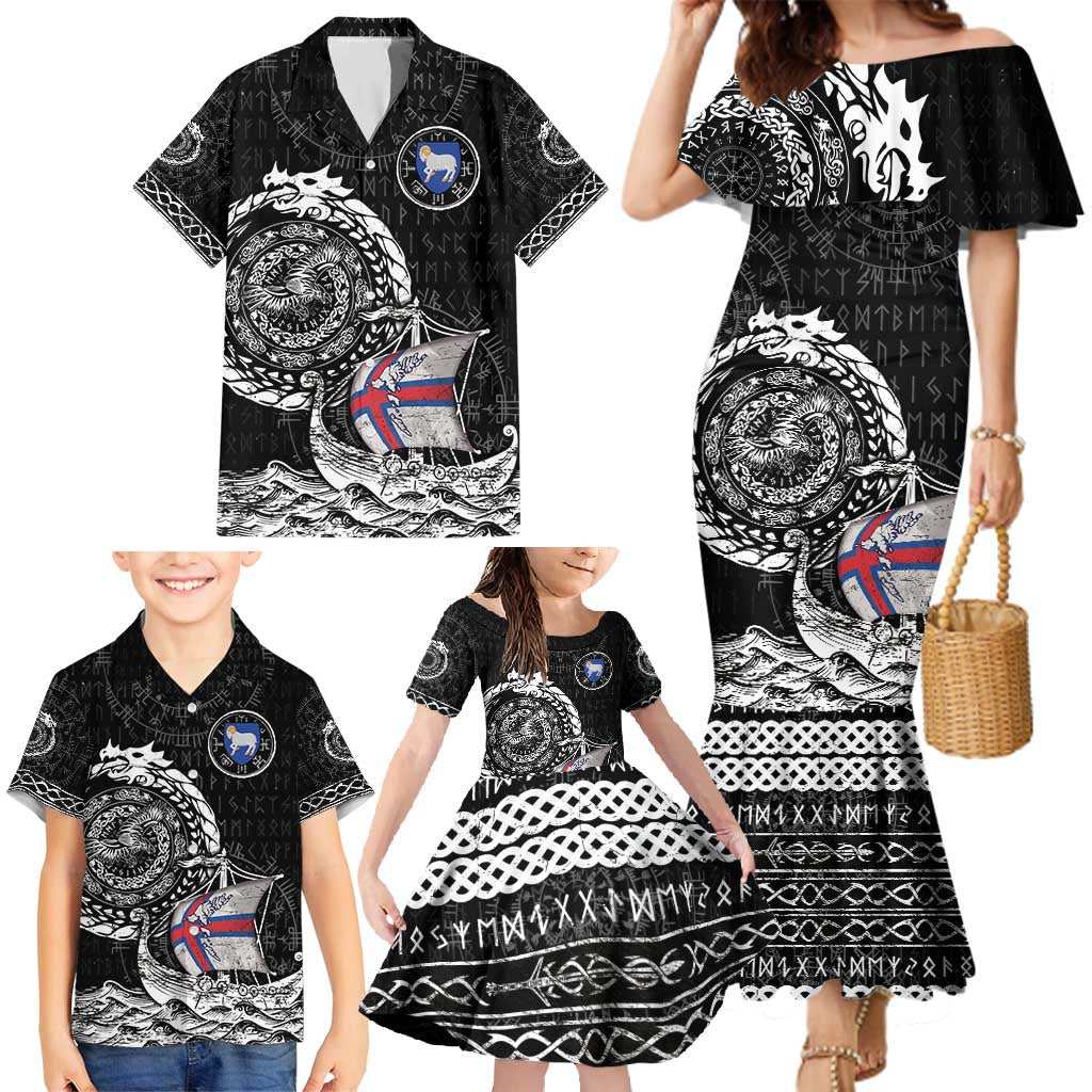 Personalized Viking Faroe Islands Family Matching Mermaid Dress and Hawaiian Shirt Faroese Viking Ship
