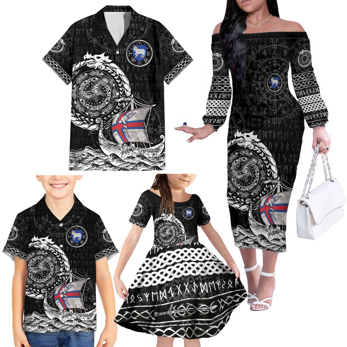 Personalized Viking Faroe Islands Family Matching Off The Shoulder Long Sleeve Dress and Hawaiian Shirt Faroese Viking Ship