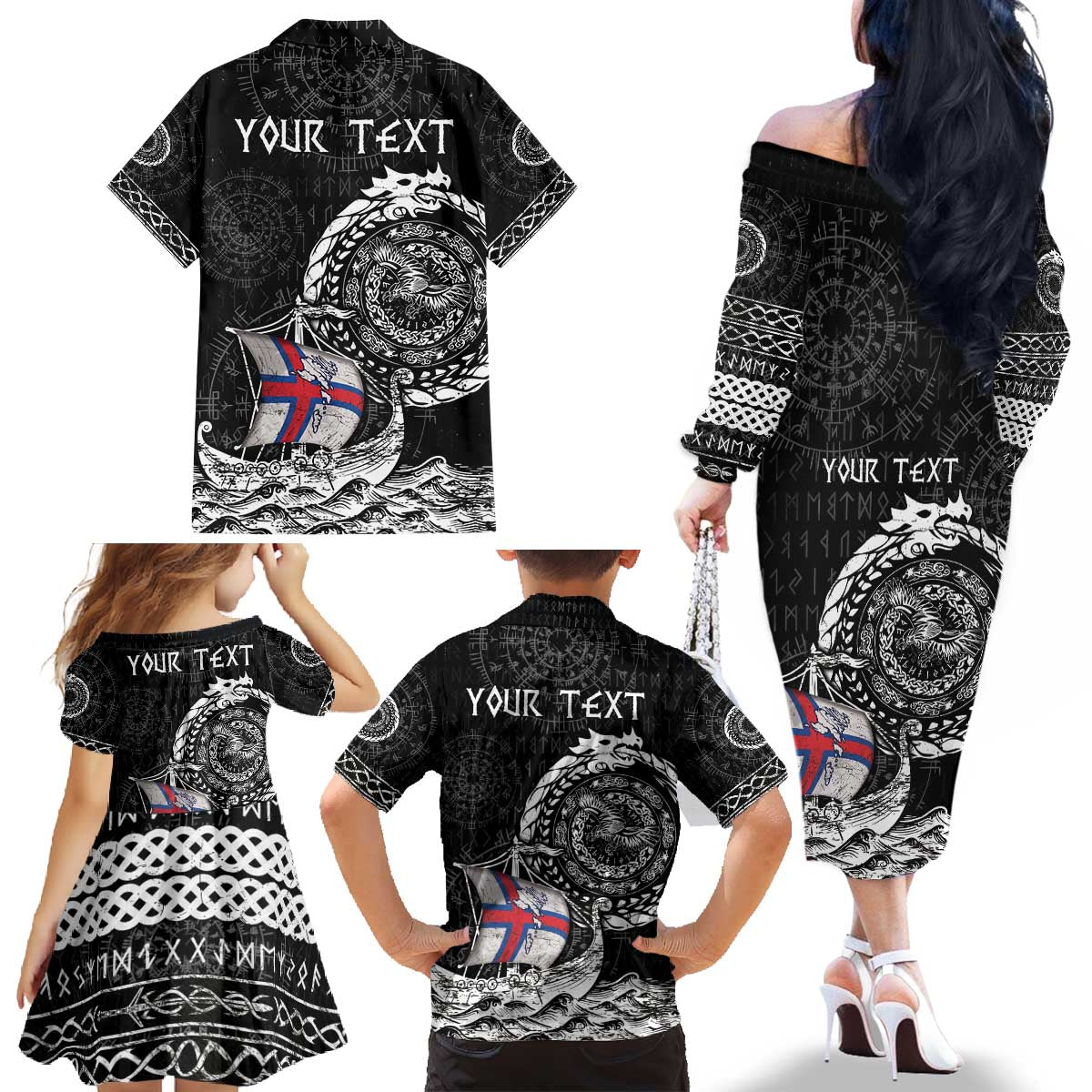 Personalized Viking Faroe Islands Family Matching Off The Shoulder Long Sleeve Dress and Hawaiian Shirt Faroese Viking Ship