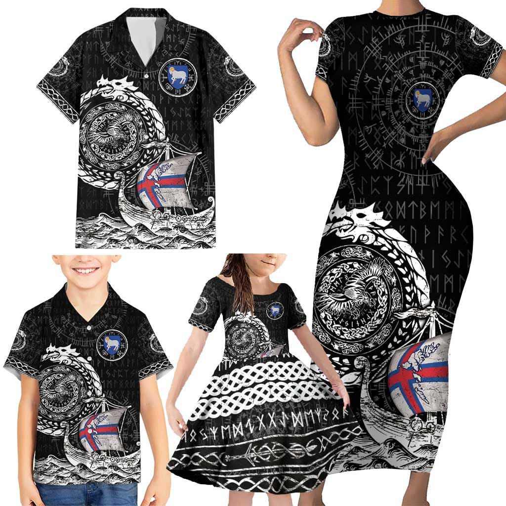 Personalized Viking Faroe Islands Family Matching Short Sleeve Bodycon Dress and Hawaiian Shirt Faroese Viking Ship
