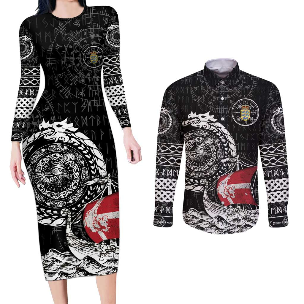 Personalized Viking Denmark Couples Matching Long Sleeve Bodycon Dress and Long Sleeve Button Shirt Danish Viking Ship