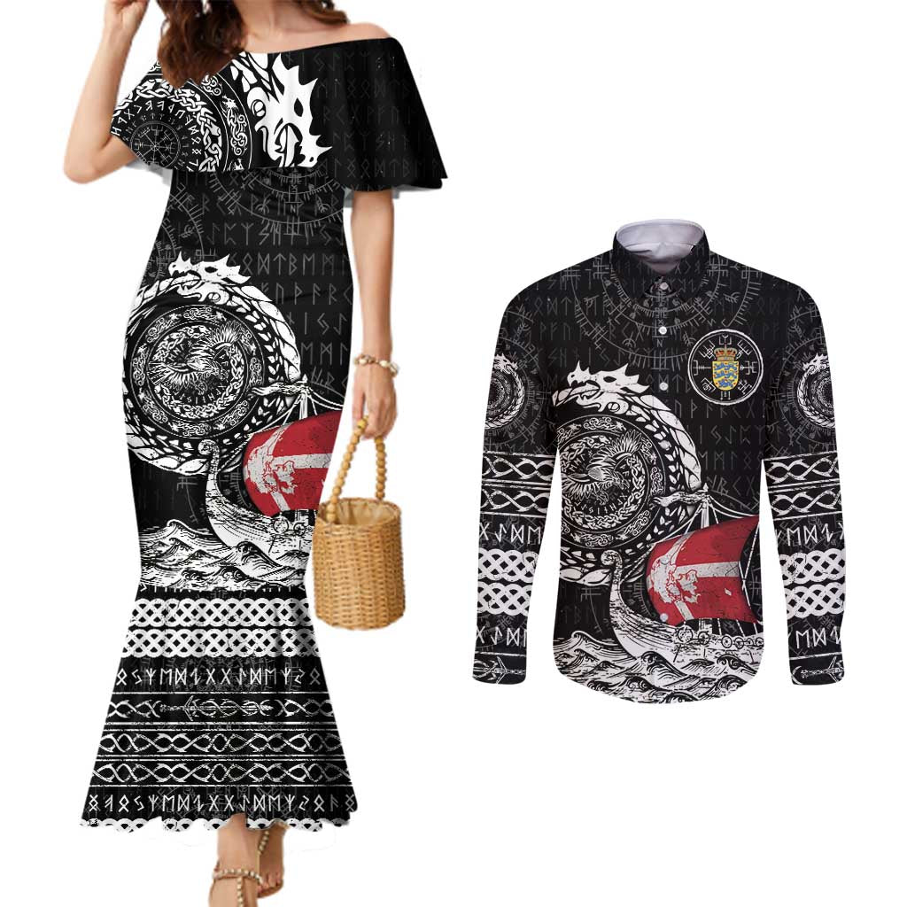Personalized Viking Denmark Couples Matching Mermaid Dress and Long Sleeve Button Shirt Danish Viking Ship