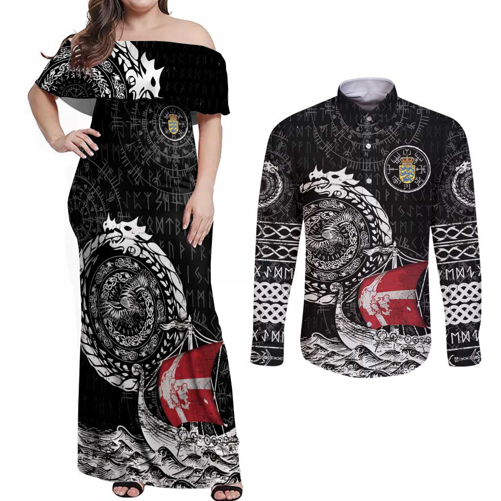 Personalized Viking Denmark Couples Matching Off Shoulder Maxi Dress and Long Sleeve Button Shirt Danish Viking Ship