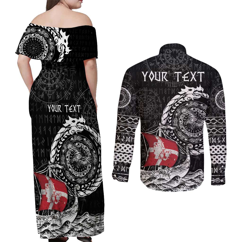 Personalized Viking Denmark Couples Matching Off Shoulder Maxi Dress and Long Sleeve Button Shirt Danish Viking Ship