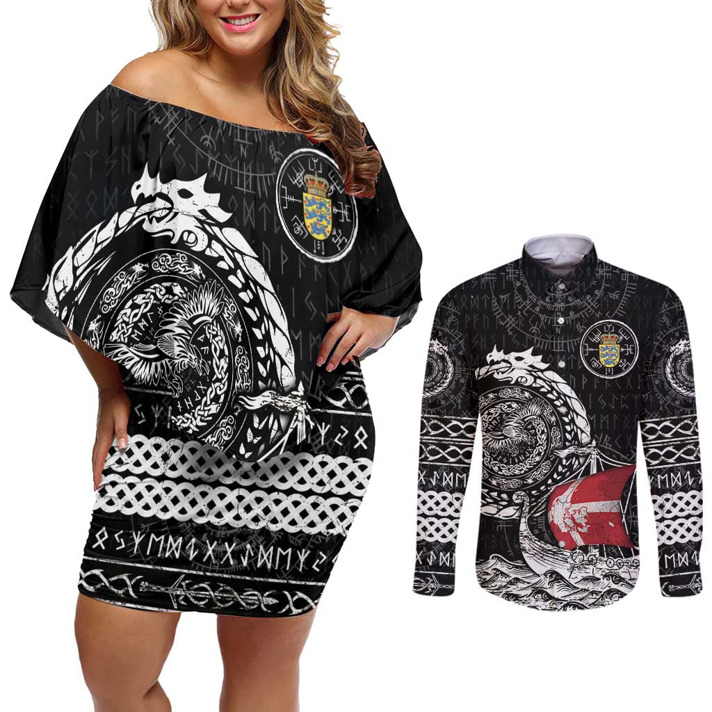 Personalized Viking Denmark Couples Matching Off Shoulder Short Dress and Long Sleeve Button Shirt Danish Viking Ship