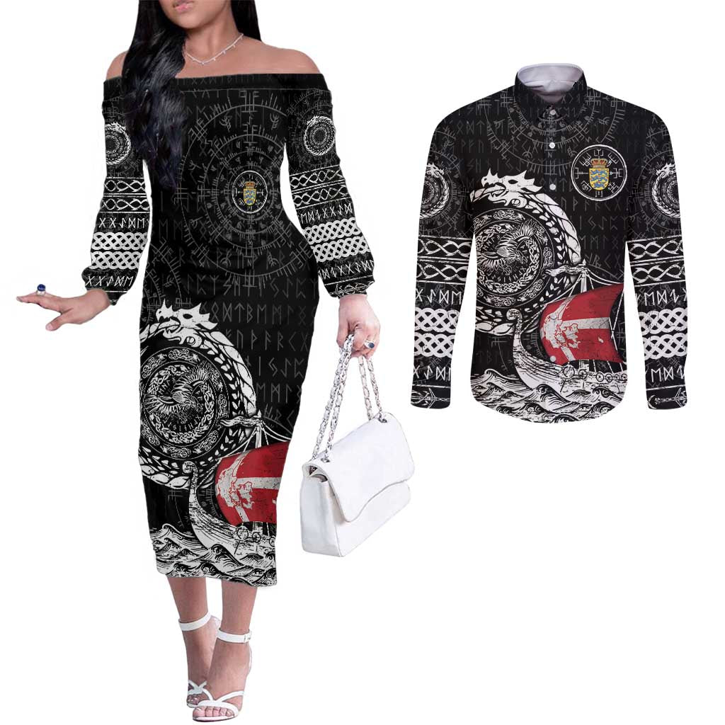 Personalized Viking Denmark Couples Matching Off The Shoulder Long Sleeve Dress and Long Sleeve Button Shirt Danish Viking Ship