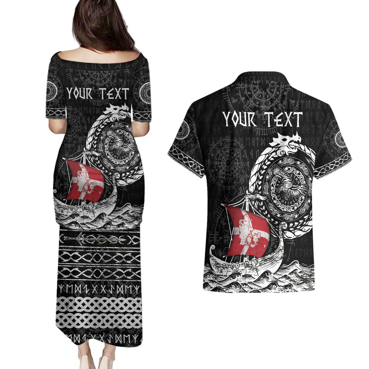 Personalized Viking Denmark Couples Matching Puletasi and Hawaiian Shirt Danish Viking Ship