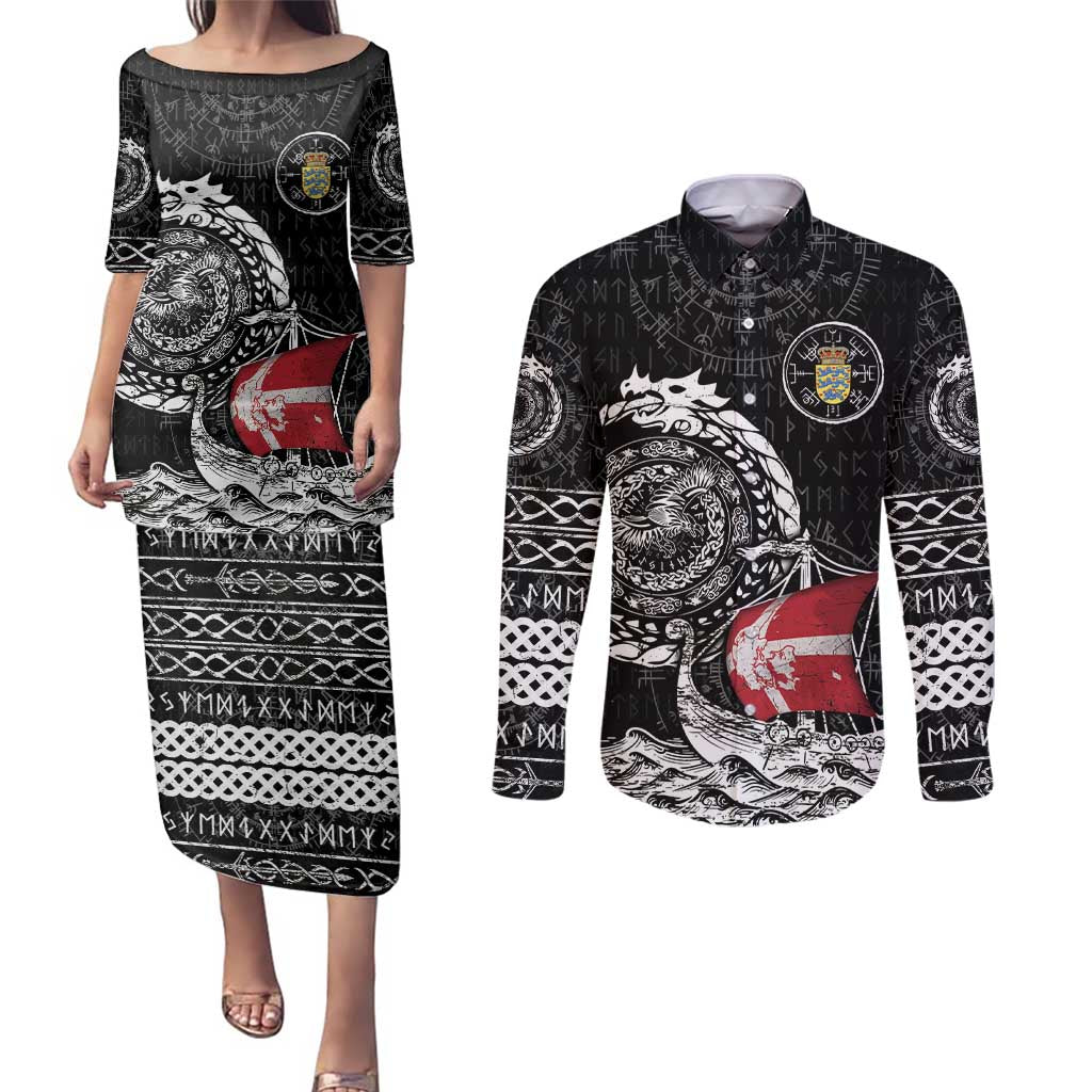 Personalized Viking Denmark Couples Matching Puletasi and Long Sleeve Button Shirt Danish Viking Ship