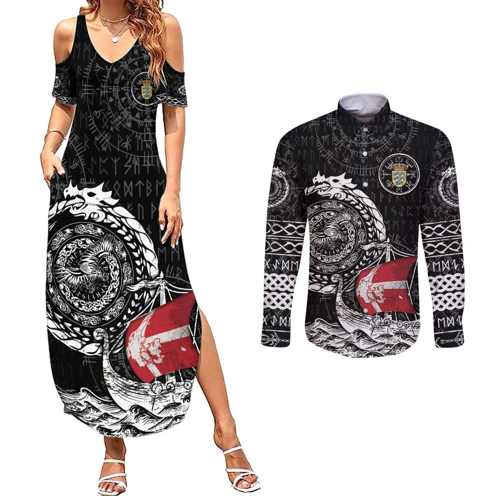 Personalized Viking Denmark Couples Matching Summer Maxi Dress and Long Sleeve Button Shirt Danish Viking Ship