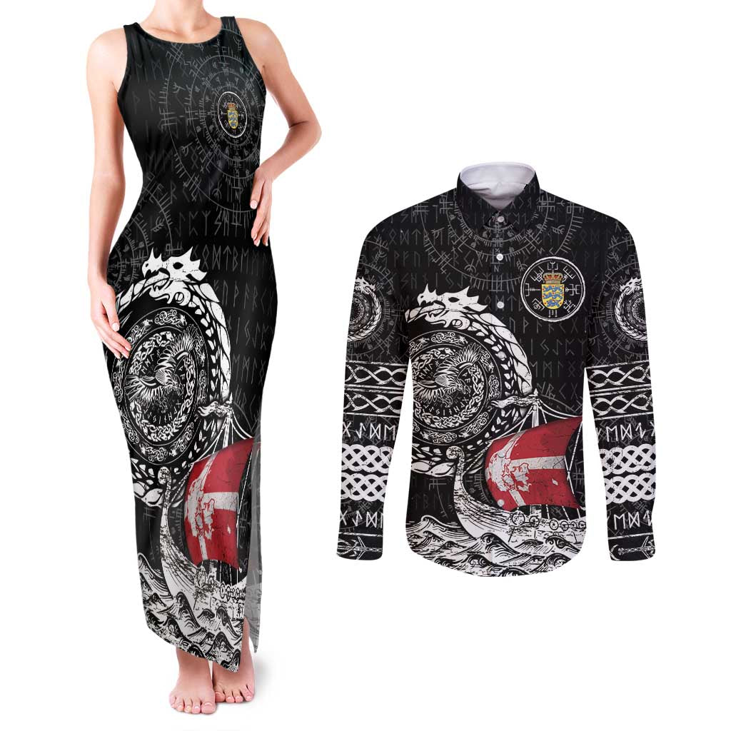 Personalized Viking Denmark Couples Matching Tank Maxi Dress and Long Sleeve Button Shirt Danish Viking Ship