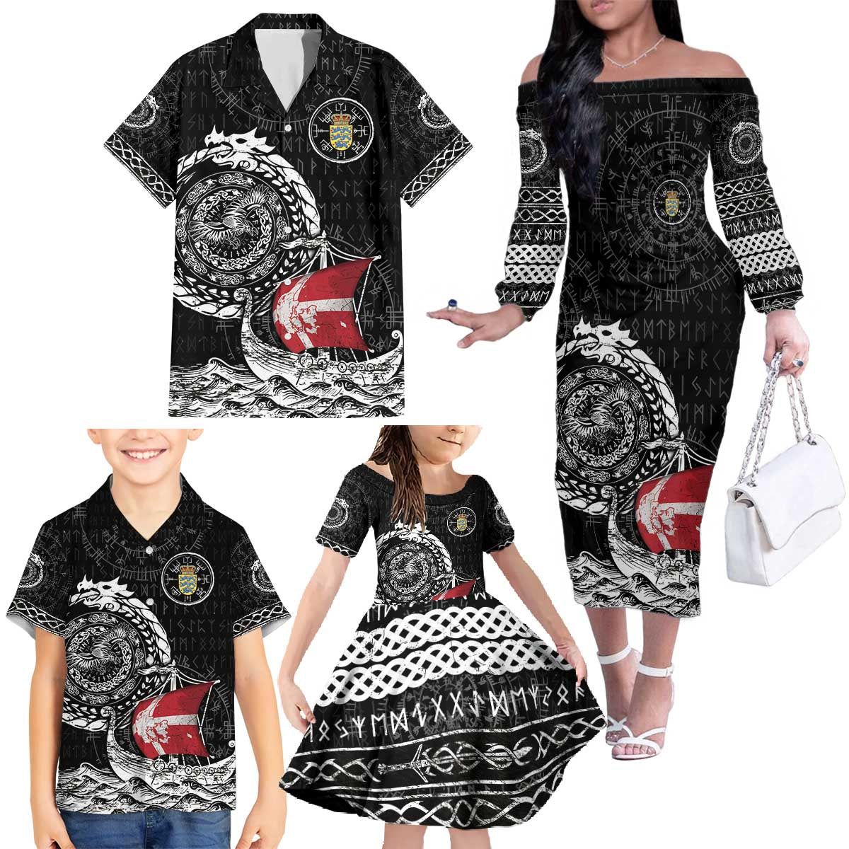 Personalized Viking Denmark Family Matching Off The Shoulder Long Sleeve Dress and Hawaiian Shirt Danish Viking Ship