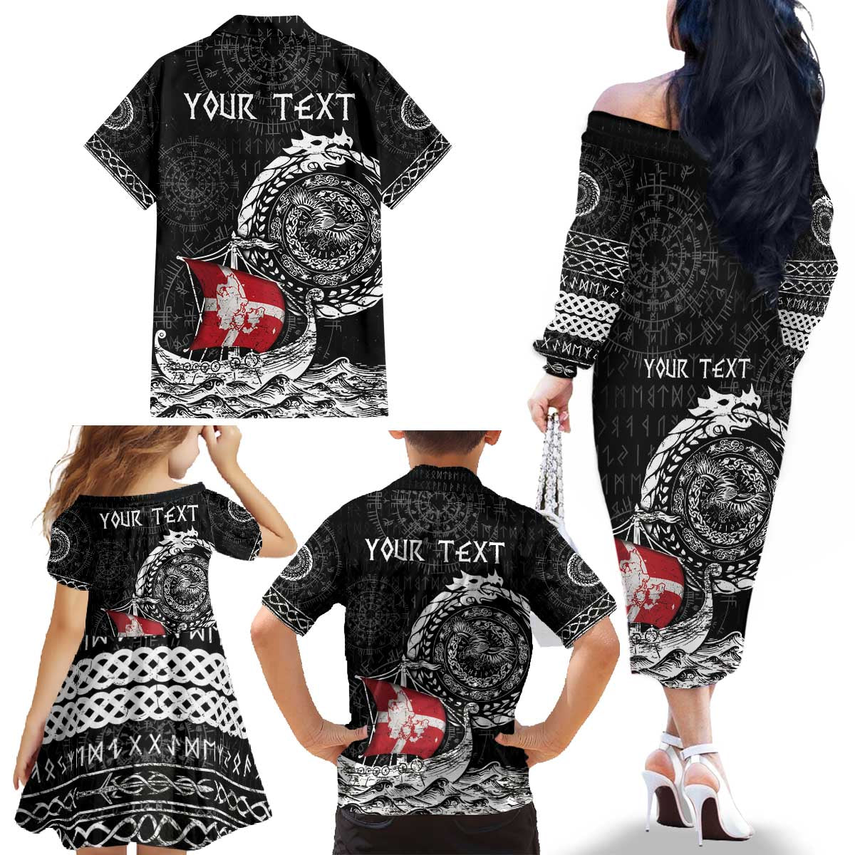 Personalized Viking Denmark Family Matching Off The Shoulder Long Sleeve Dress and Hawaiian Shirt Danish Viking Ship