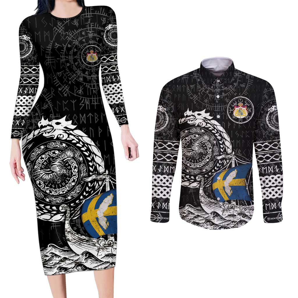 Personalized Viking Sweden Couples Matching Long Sleeve Bodycon Dress and Long Sleeve Button Shirt Swedish Viking Ship
