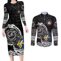 Personalized Viking Sweden Couples Matching Long Sleeve Bodycon Dress and Long Sleeve Button Shirt Swedish Viking Ship