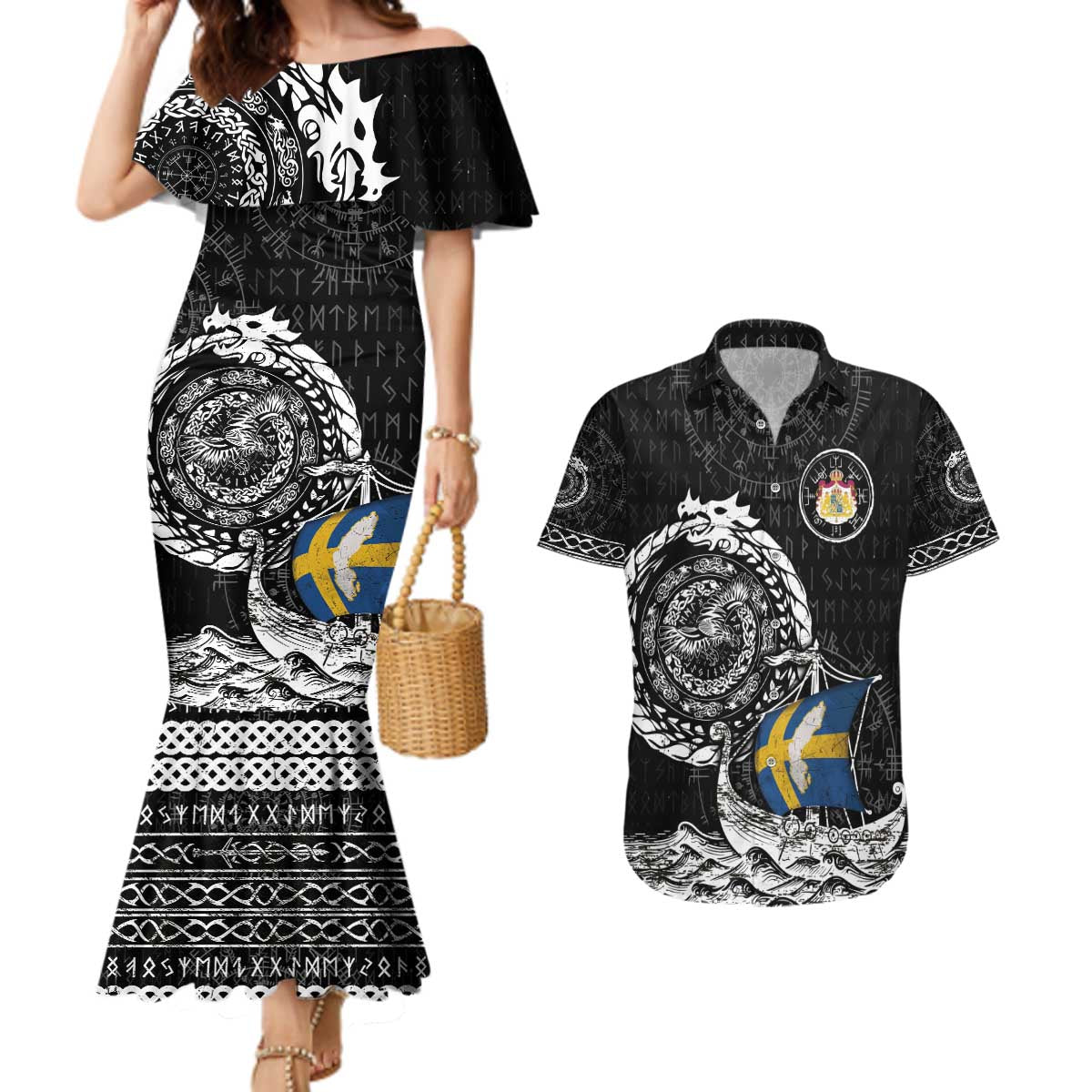 Personalized Viking Sweden Couples Matching Mermaid Dress and Hawaiian Shirt Swedish Viking Ship