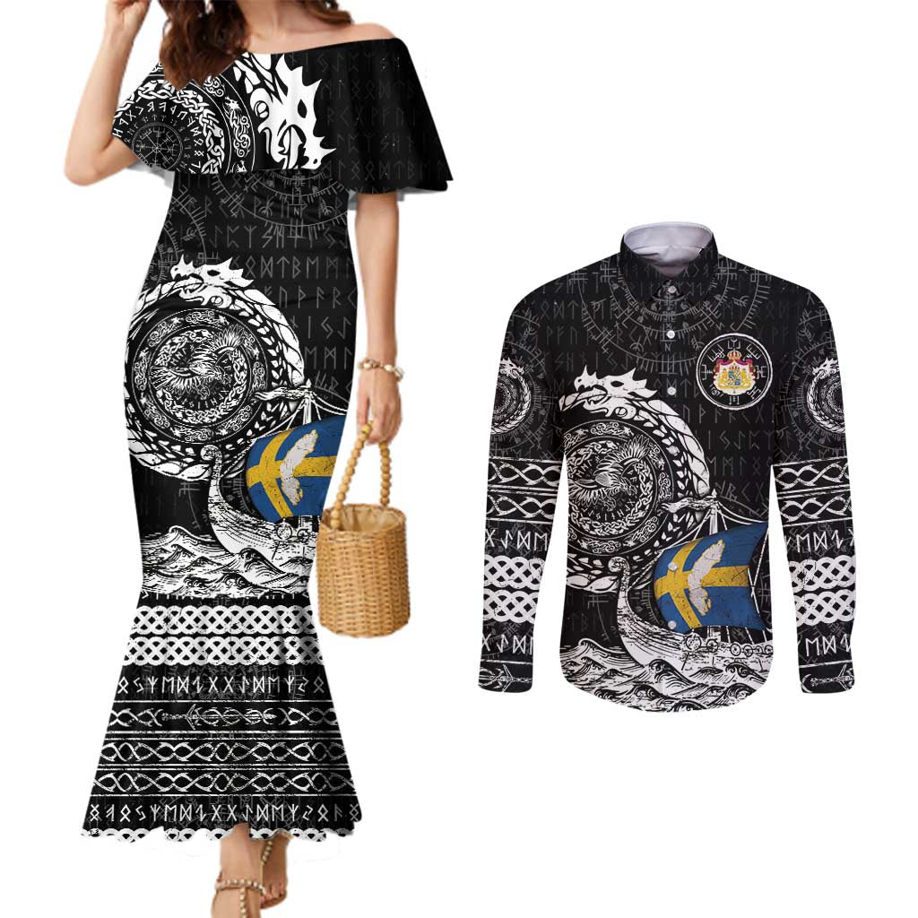 Personalized Viking Sweden Couples Matching Mermaid Dress and Long Sleeve Button Shirt Swedish Viking Ship
