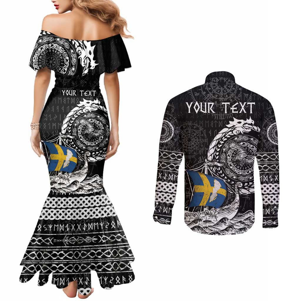 Personalized Viking Sweden Couples Matching Mermaid Dress and Long Sleeve Button Shirt Swedish Viking Ship