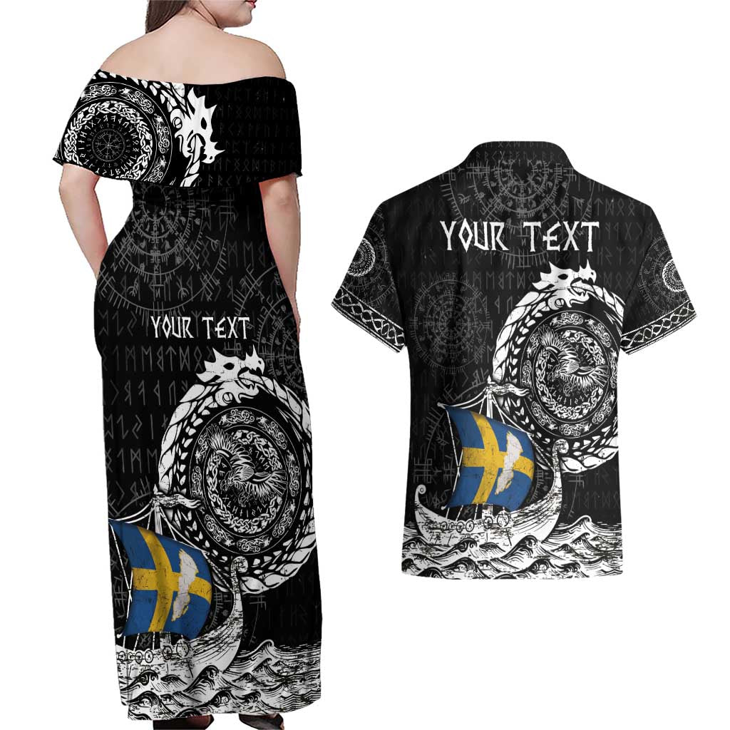 Personalized Viking Sweden Couples Matching Off Shoulder Maxi Dress and Hawaiian Shirt Swedish Viking Ship