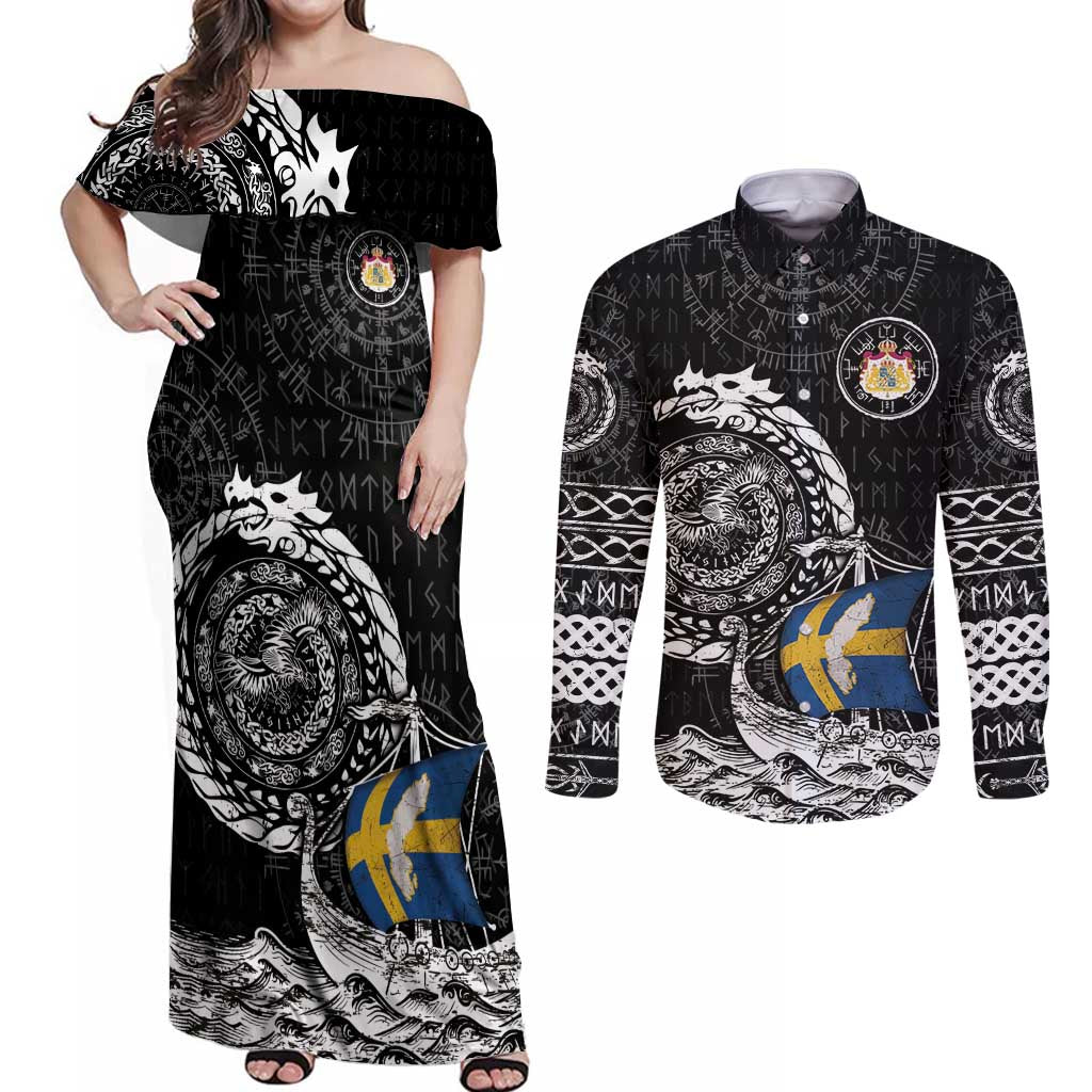 Personalized Viking Sweden Couples Matching Off Shoulder Maxi Dress and Long Sleeve Button Shirt Swedish Viking Ship