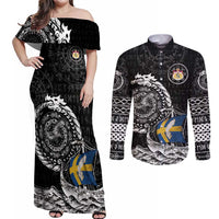 Personalized Viking Sweden Couples Matching Off Shoulder Maxi Dress and Long Sleeve Button Shirt Swedish Viking Ship