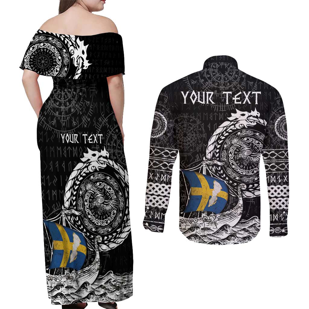 Personalized Viking Sweden Couples Matching Off Shoulder Maxi Dress and Long Sleeve Button Shirt Swedish Viking Ship